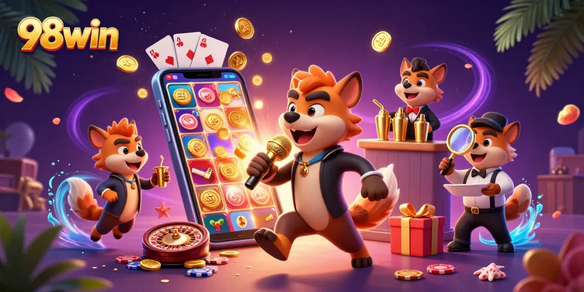 Experience thrilling casino fun with 98win's vibrant hyena characters in a dynamic, colorful scene.