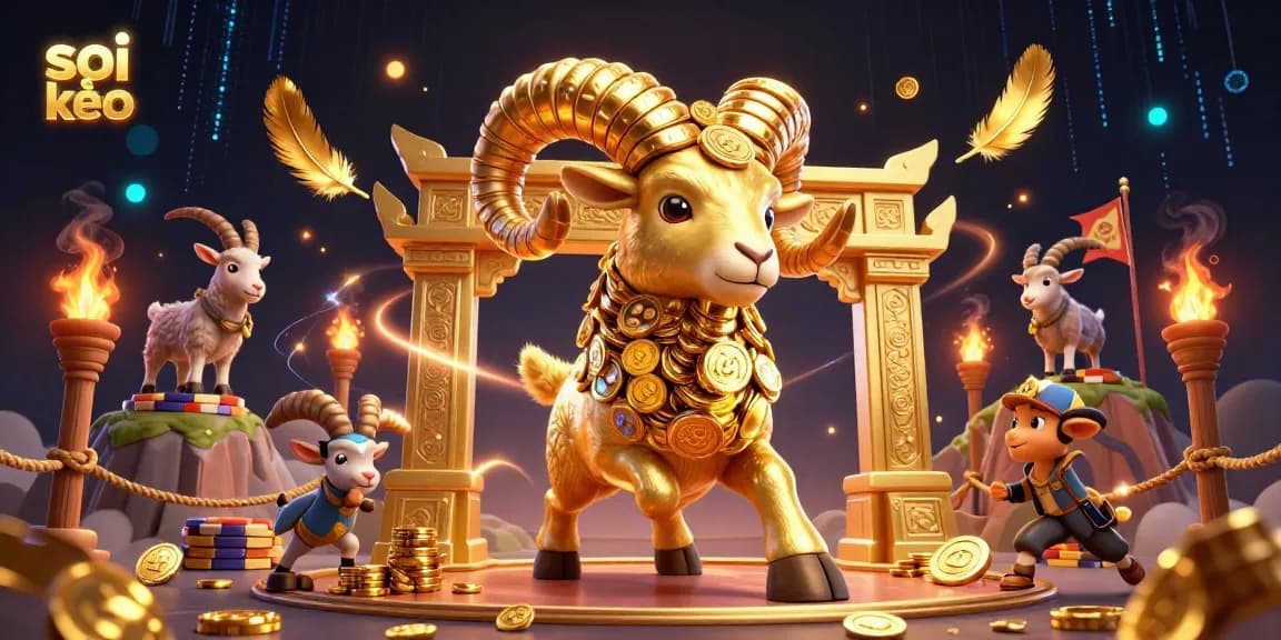 Soi kèo sports betting scene with a powerful golden ram charging towards bettors in an exciting arena.