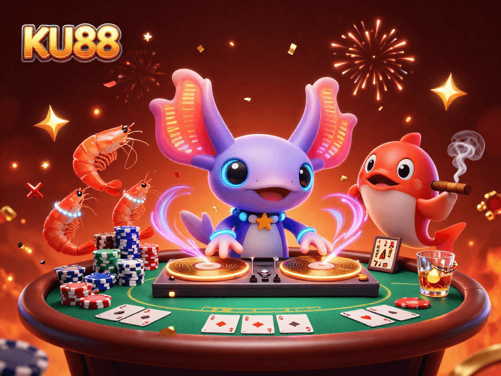 Experience the thrilling action at KU88 with vibrant 3D casino characters engaging in live poker gameplay.