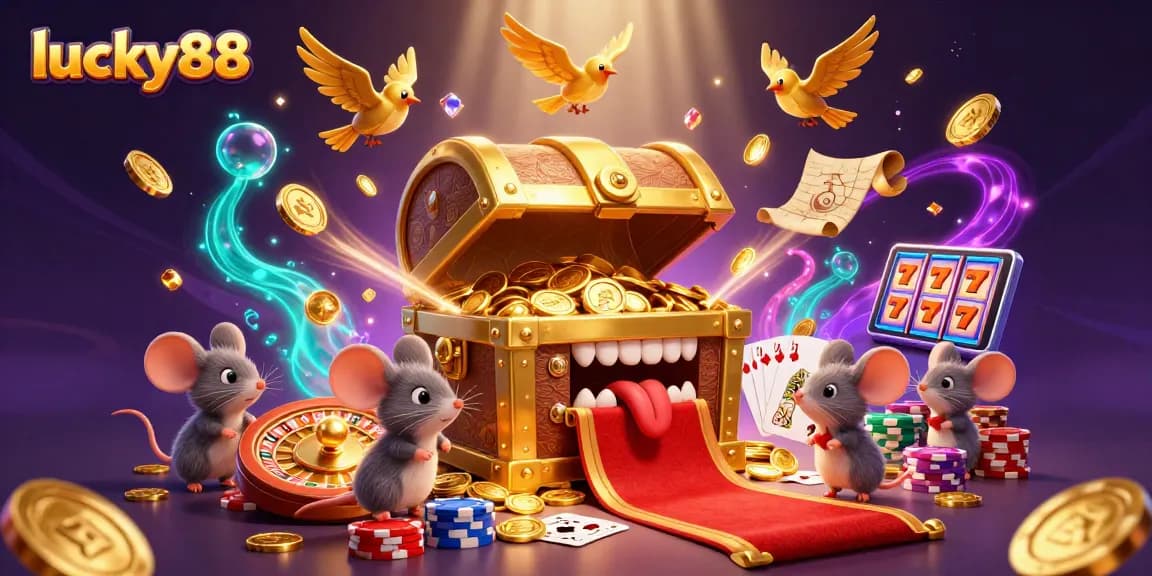 Experience the magic of lucky88 with a treasure chest lure, vibrant casino treasures, and playful adventure.