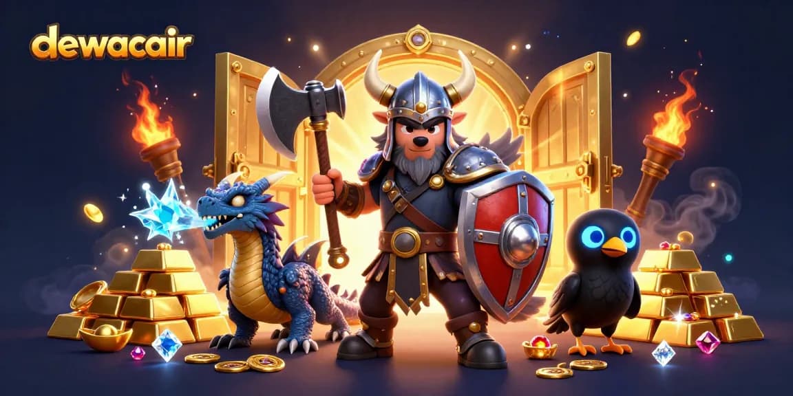 Engage with dewacair's thrilling slots in a fantastical 3D illustration featuring heroic characters and treasure.