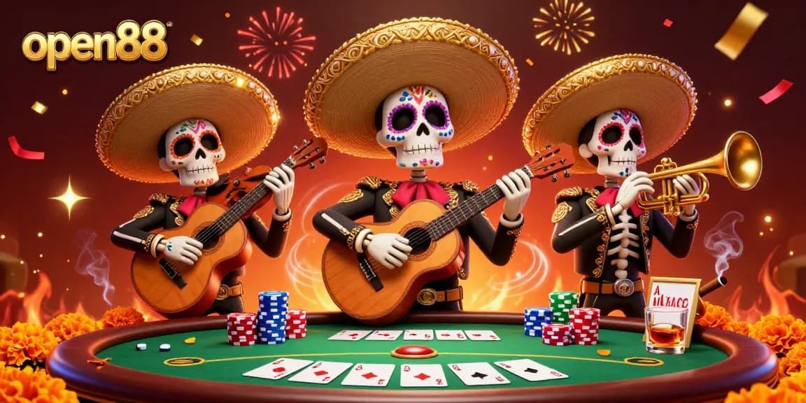 Experience the vibrant energy of open88 with a lively mariachi band at a poker table surrounded by colorful casino elements.