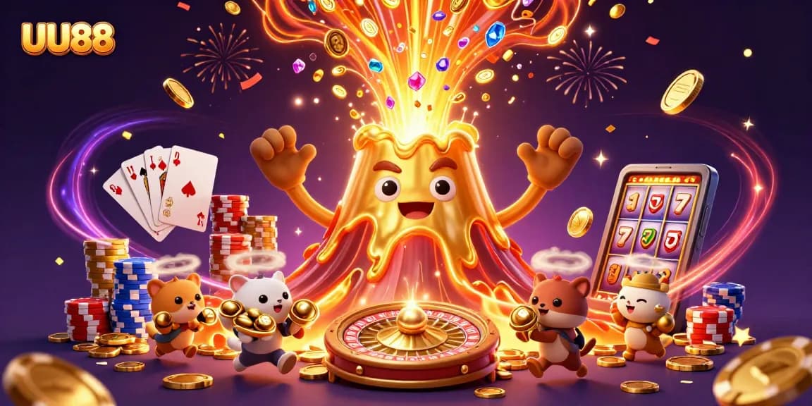 Experience the excitement of UU88 with animated gold coins and enchanting treasures bursting from a triumphant volcano.