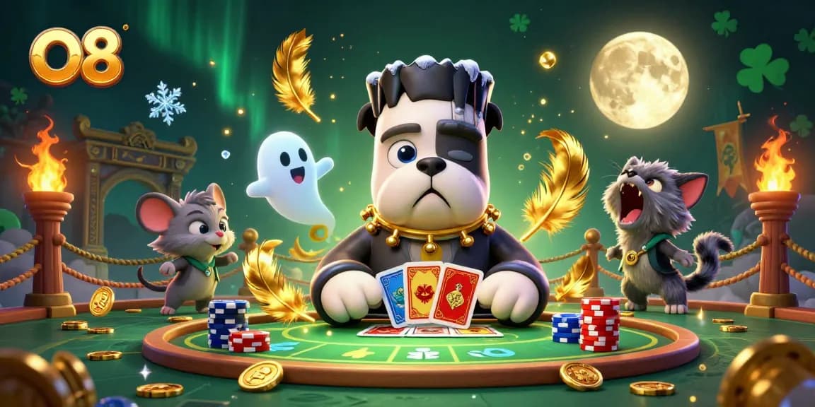 Engage with O8's thrilling gaming world through an exciting 3D casino illustration featuring unique characters.