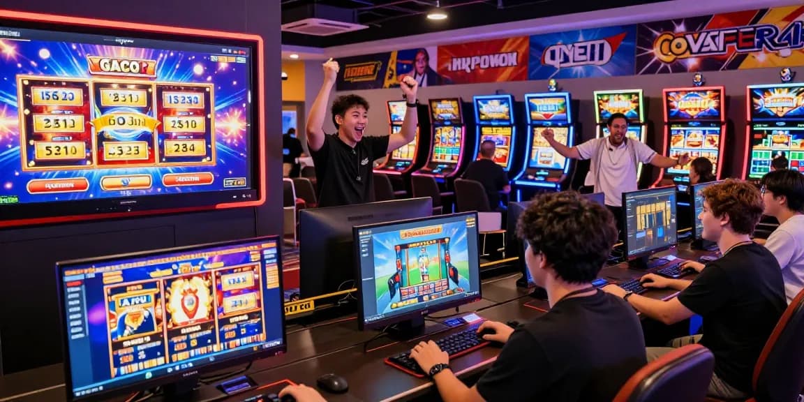 Diverse players enjoying their experience on a slot gacor platform, celebrating wins in a vibrant online casino.