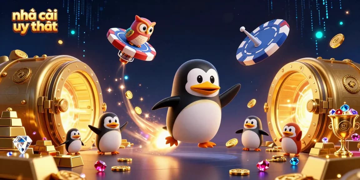Experience the excitement of nhà cái uy tín with a dynamic scene featuring a golden penguin, casino elements, and jewels.