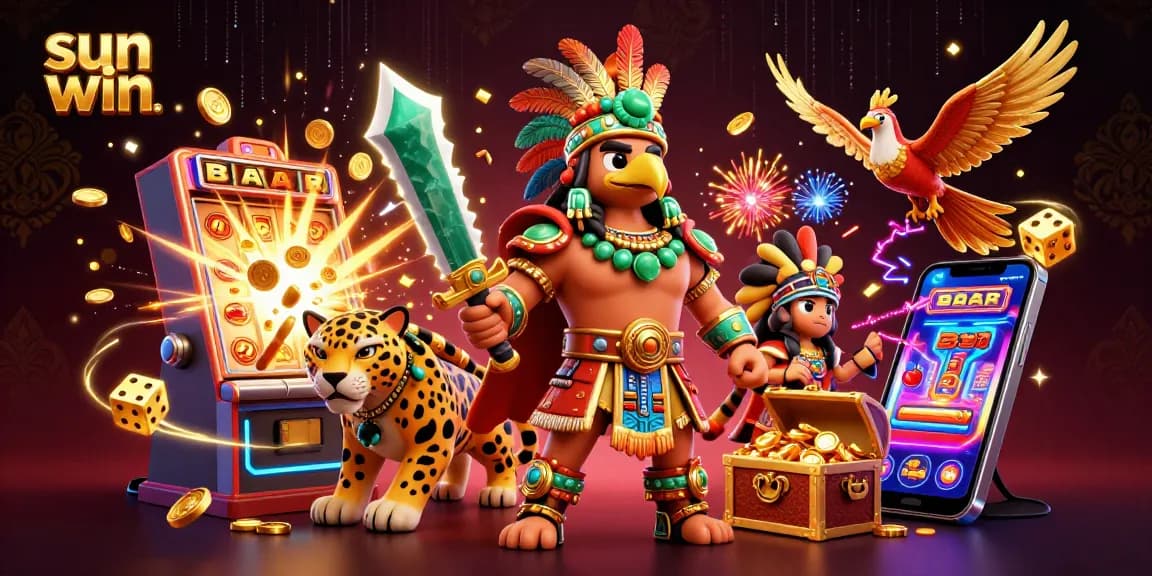 Experience thrilling wins with sun win's dynamic 3D illustration showcasing vibrant casino elements and epic characters.