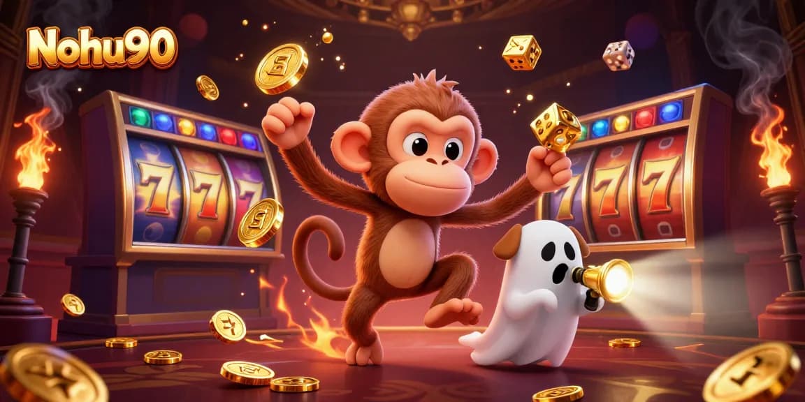 Nohu90 reveals a thrilling slot adventure with playful ghostly monkey and curious puppy in a casino.