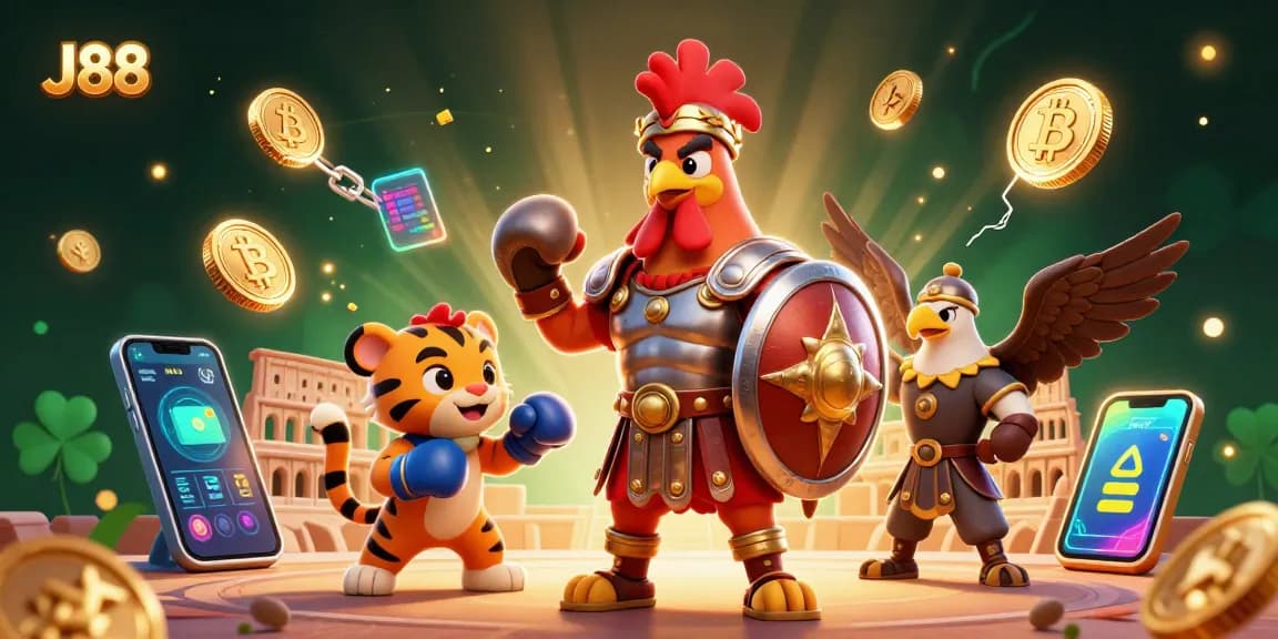 J88 promotes thrilling casino adventures with cartoon gladiator characters and vibrant crypto elements.