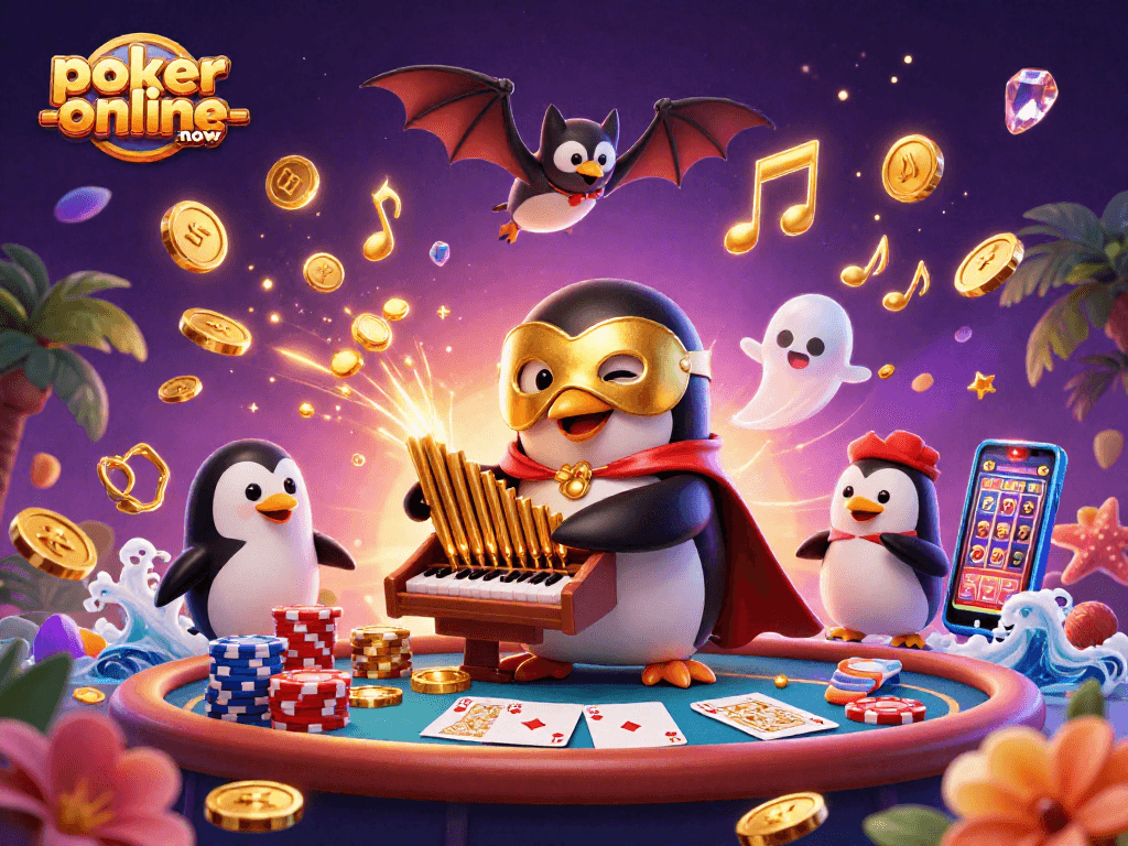 Engage in thrilling moments with poker-online-now, as a penguin plays an organ shooting coins in a vibrant casino scene.