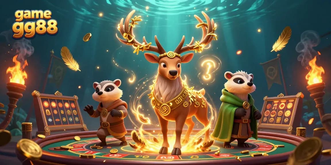 Experience the enchanting game gg88 with a Celtic stag, badger, and rich casino elements.