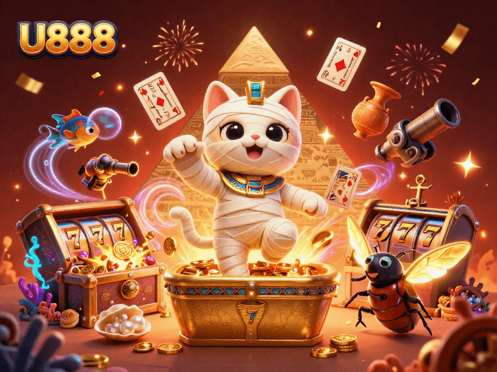 Engage in thrilling gameplay with U888's ancient Egyptian-themed casino adventure illustration featuring vibrant elements.