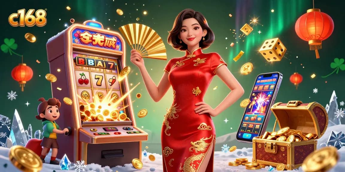 c168 showcases an Asian woman in a red qipao amidst a dynamic casino scene with exploding jackpots.