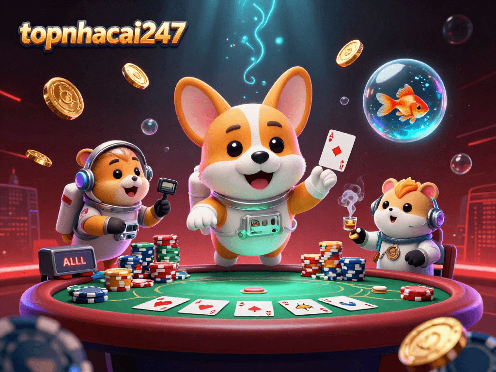 Engaging corgi astronaut in topnhacai247 floating casino, surrounded by poker elements and golden coins.