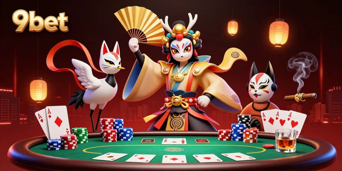 Engage with 9bet's vibrant gaming scene featuring a kabuki warrior and poker elements.