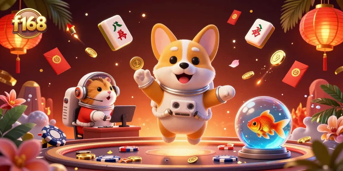 Experience f168′s vibrant online casino atmosphere with floating chips and dynamic characters.