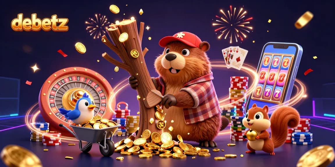 Debetz showcases a playful beaver in a casino scene filled with golden coins, roulette, and poker elements.