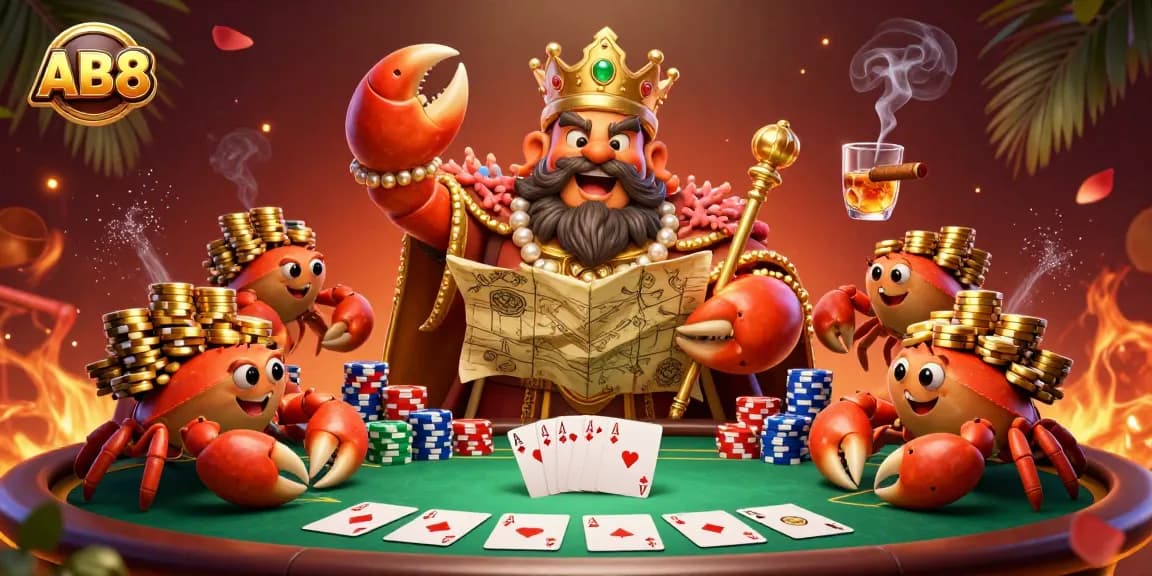 Experience the excitement at ABC8 with a golden crab emperor overseeing poker games amidst vibrant decorations.
