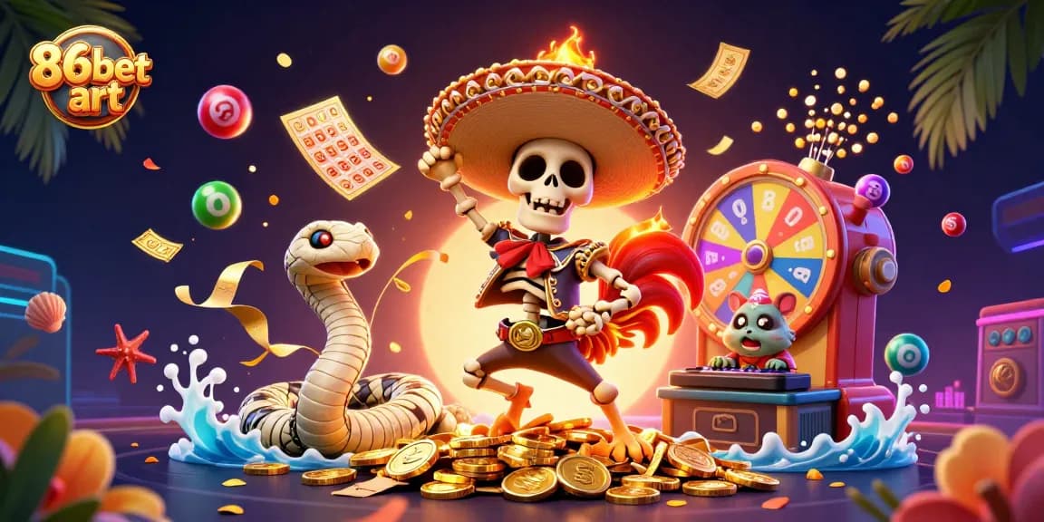 Spin to win at 86bet art with a colorful, lively 3D casino scene full of excitement.