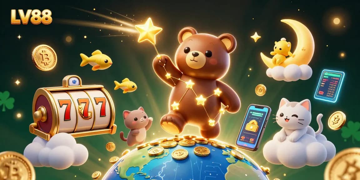 Win big at LV88 with vibrant 3D casino elements, featuring golden stars, coins, and competitive games.
