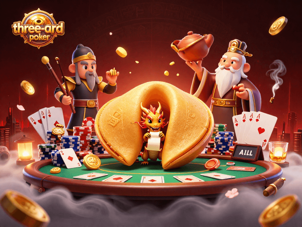 Experience three-card-poker excitement with a vibrant, 3D illustrated casino scene