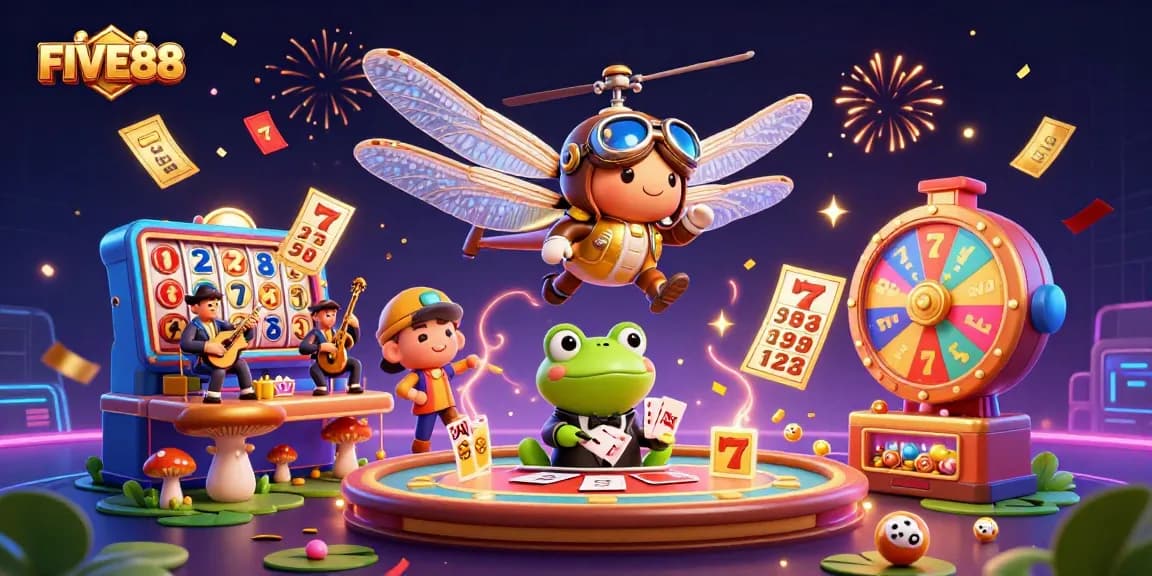 Experience thrilling gambling action at FIVE88 with dynamic characters and casino elements.