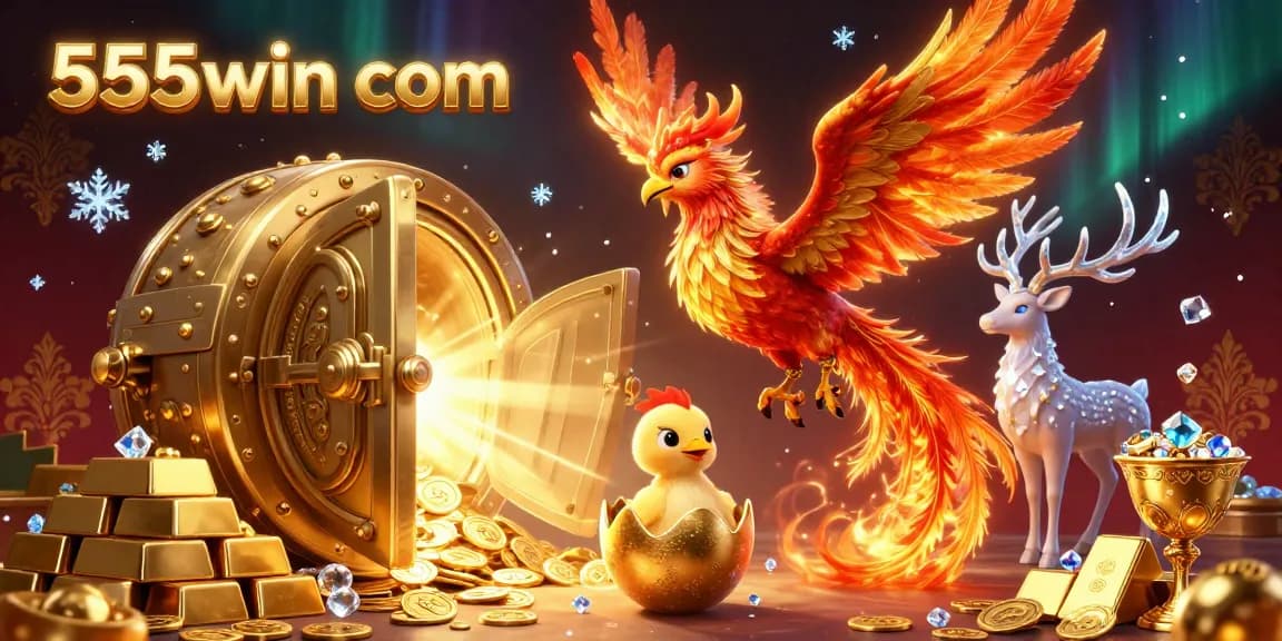 Experience the thrill of 555win com with this vibrant illustration showcasing a 3D fire phoenix and golden treasures.