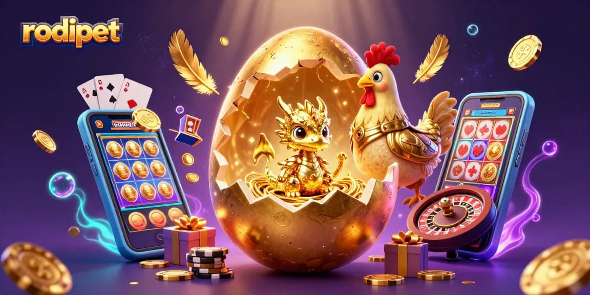 Engage with rodipet's vibrant slots theme featuring a golden baby dragon on poker chips amidst dynamic casino elements.