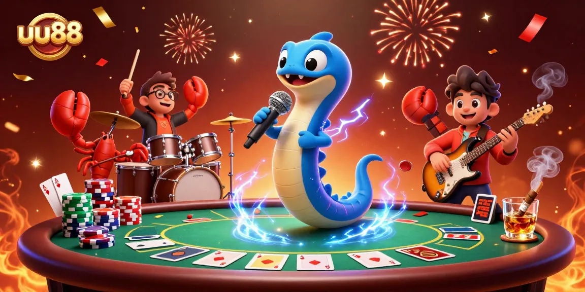 uu88 electric eel DJ performing at a lively underwater casino with poker chips and festive effects.