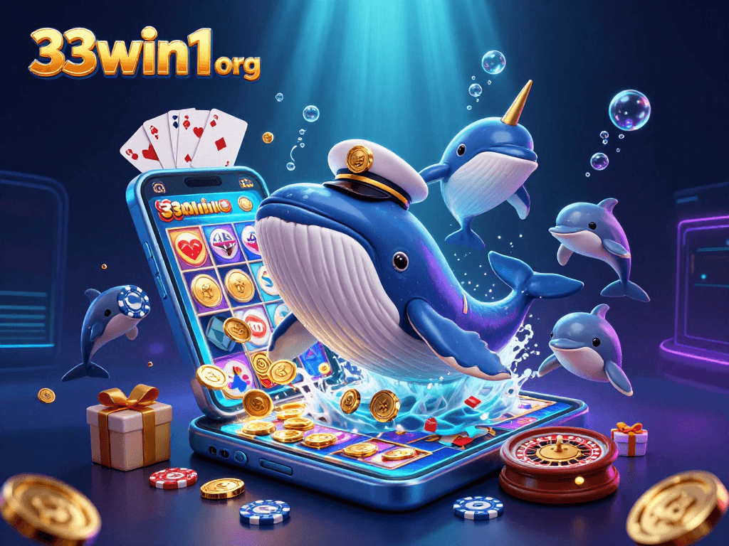 Engage in thrilling gameplay at 33win1 org with a vibrant 3D casino scene featuring whimsical sea creatures.