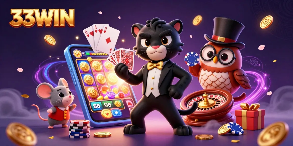 33WIN scene with a tuxedoed panther dealing cards, an owl with poker chips, and a lucky mouse among casino elements.
