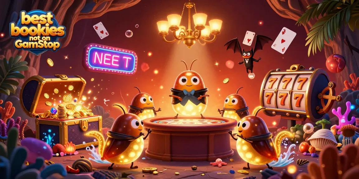 Bet on the best bookies not on GamStop at a vibrant casino with glowing characters and exciting game elements.