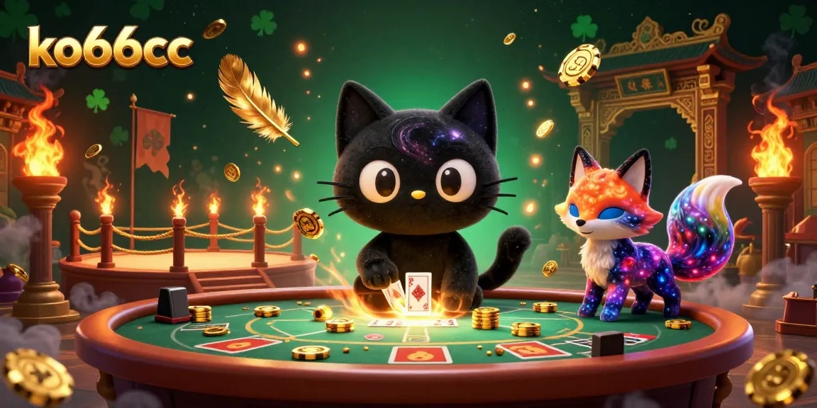 Engage with the cosmic casino action at ko66cc, featuring a black hole cat and nebula fox winning chips in style.