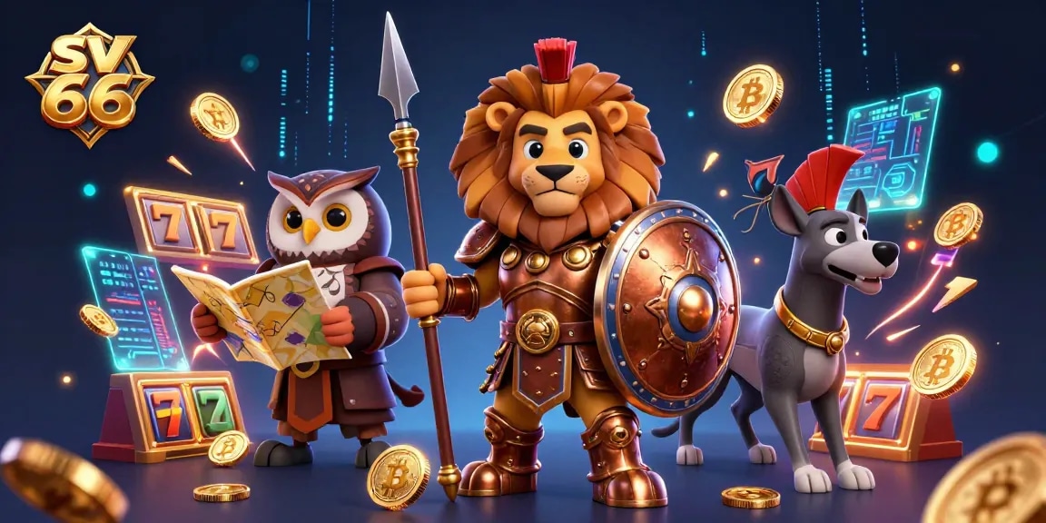 Experience thrill with sv 66 in this vibrant 3D illustration filled with slots and crypto coins.