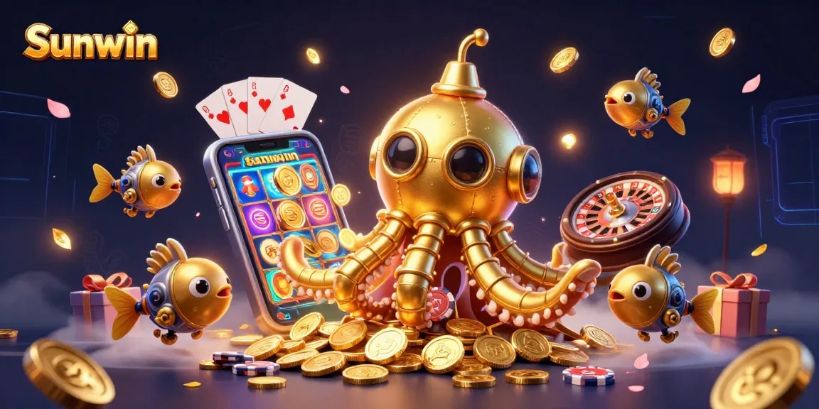 Win big with Sunwin in this 3D illustration showcasing exciting casino game elements and vibrant visuals.