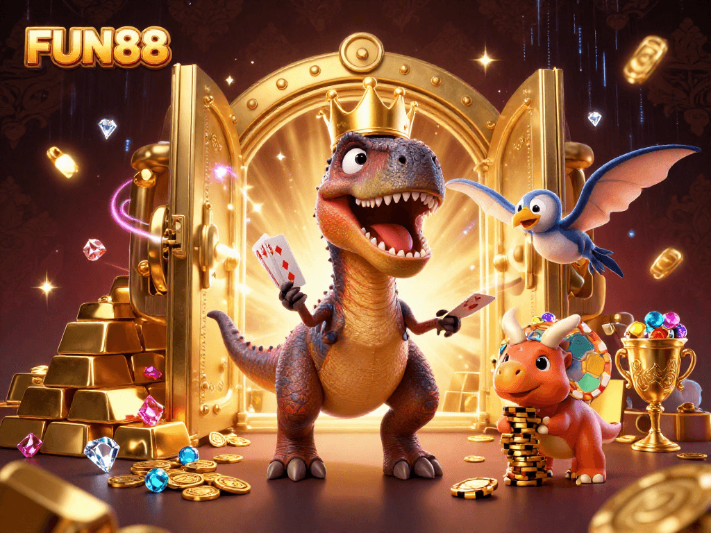 Experience FUN88 poker action with vibrant characters and golden treasures in a dynamic casino scene.