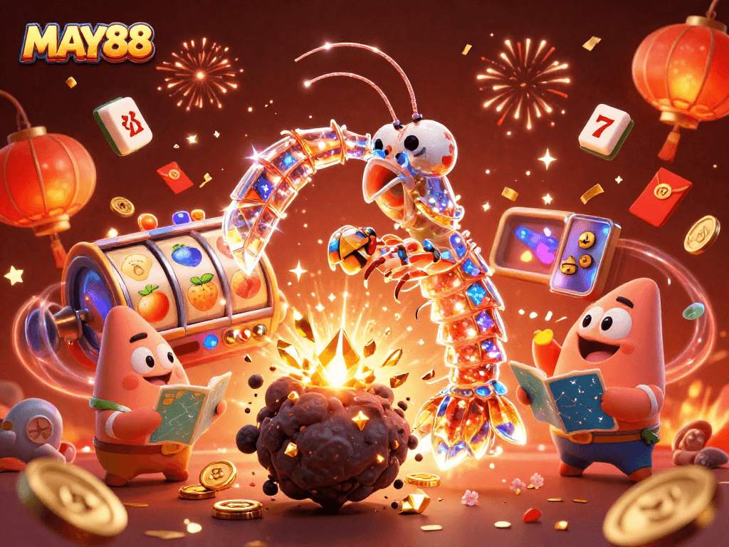 Experience thrilling action with MAY88's galactic samurai mantis shrimp smashing through asteroids in a vibrant casino scene.