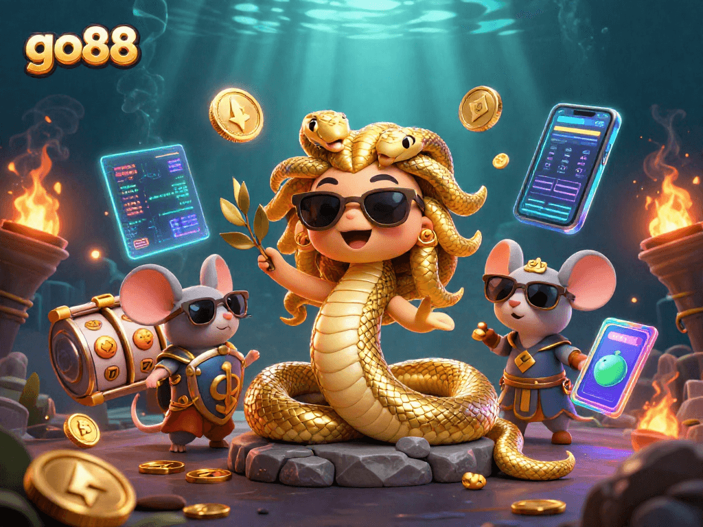 Play engaging games at go88 with this vibrant 3D casino illustration featuring Medusa and more.