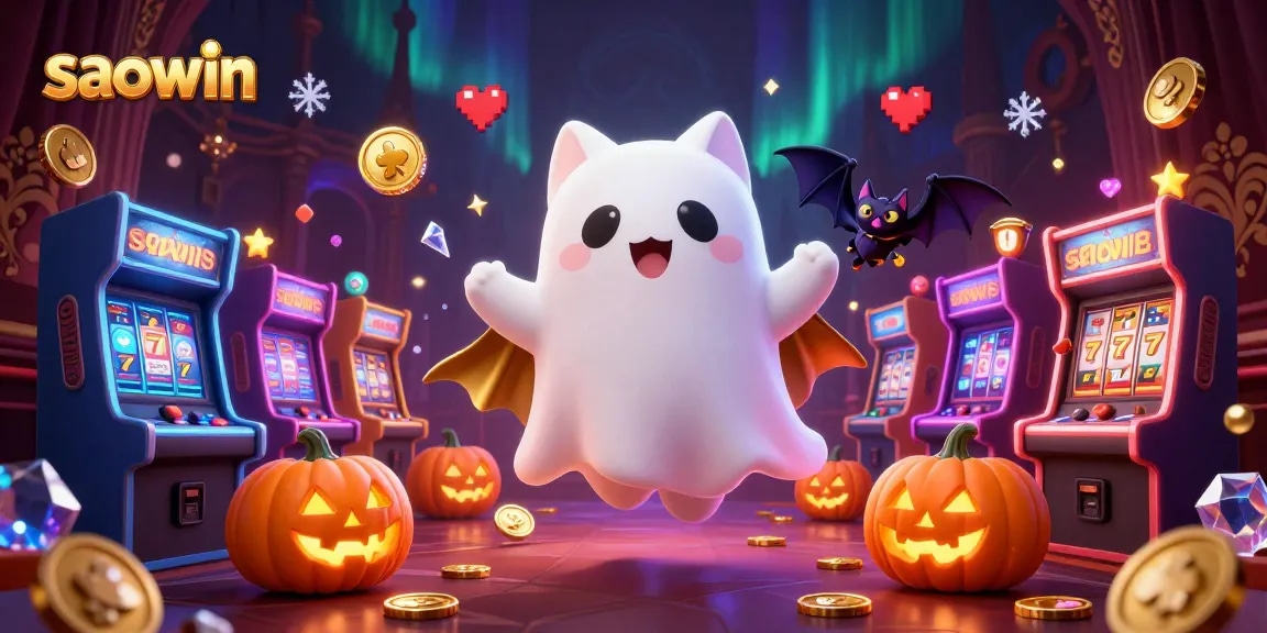 Experience thrilling gaming at Saowin, featuring a ghost cat in a haunted casino surrounded by slot machines!