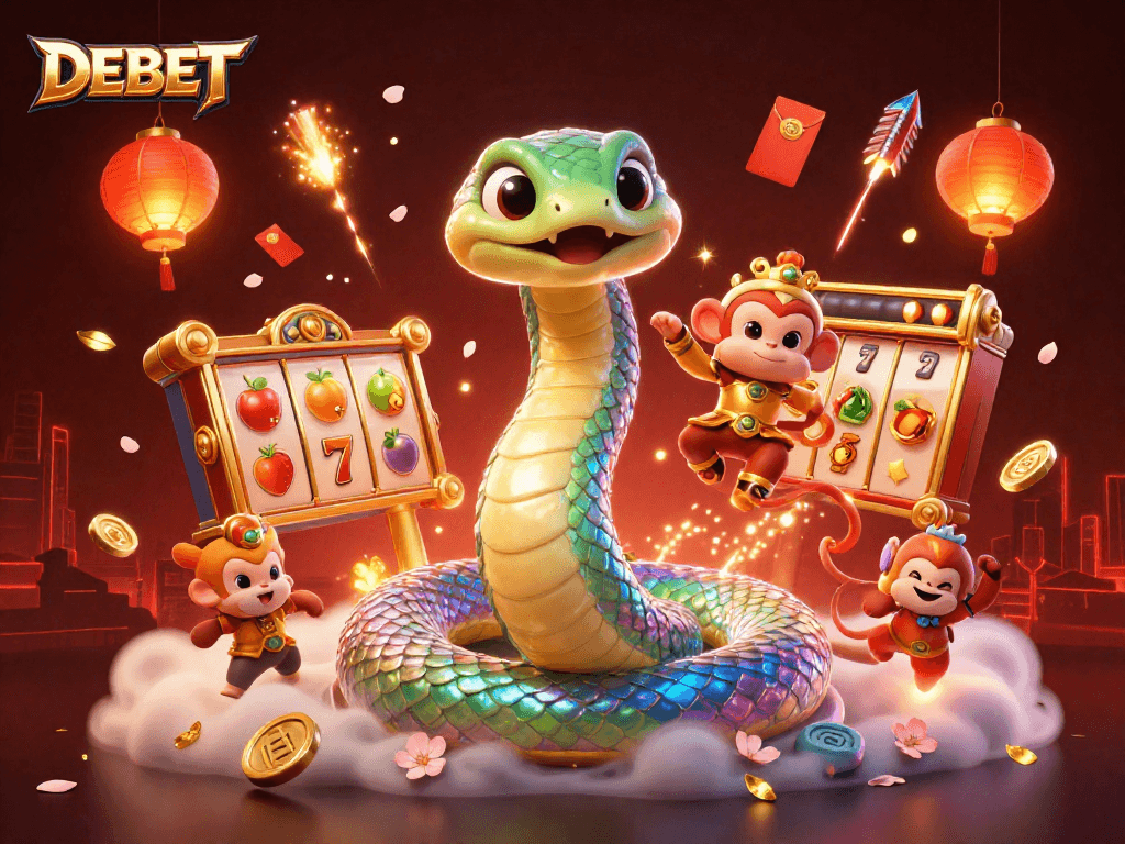 Experience DEBET's thrilling casino world with a vibrant 3D illustration of playful characters and dynamic game elements.