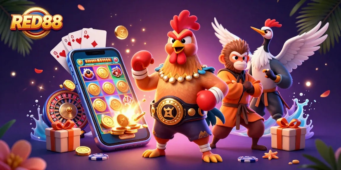 Engage with the thrilling world of RED88 through a dynamic 3D illustration featuring slot games, casino elements, and vibrant characters.