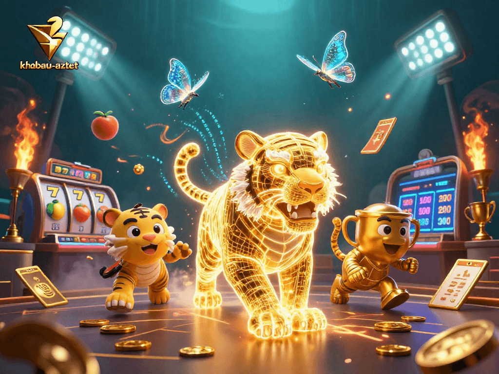 Engage with khobau-aztec adventures in a vibrant 3D casino universe showcasing dynamic slot reels and golden elements.