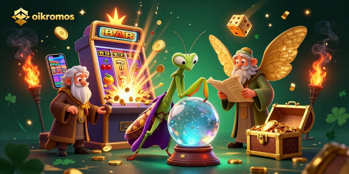 Play exciting games at oikonomos Casino, featuring vibrant slot machines and entertaining characters.