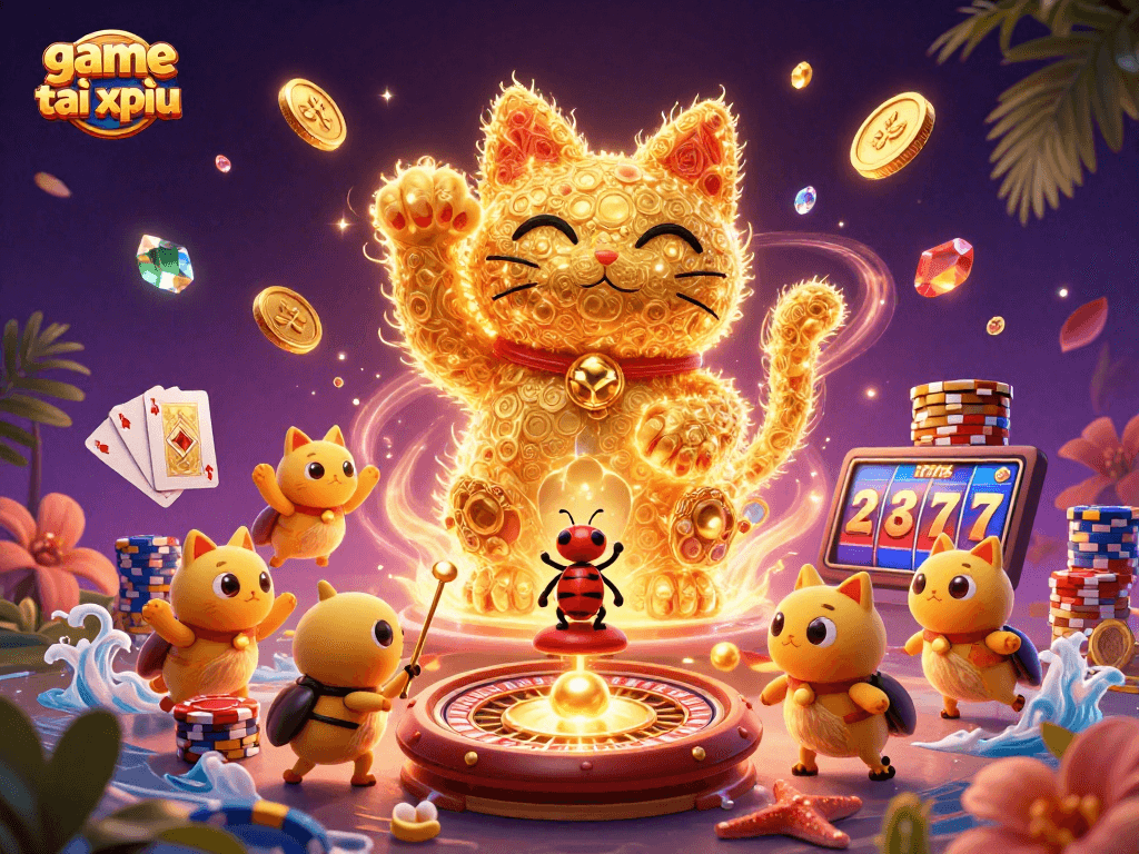 Experience thrilling game tài xỉu action with a lucky cat and colorful casino elements.