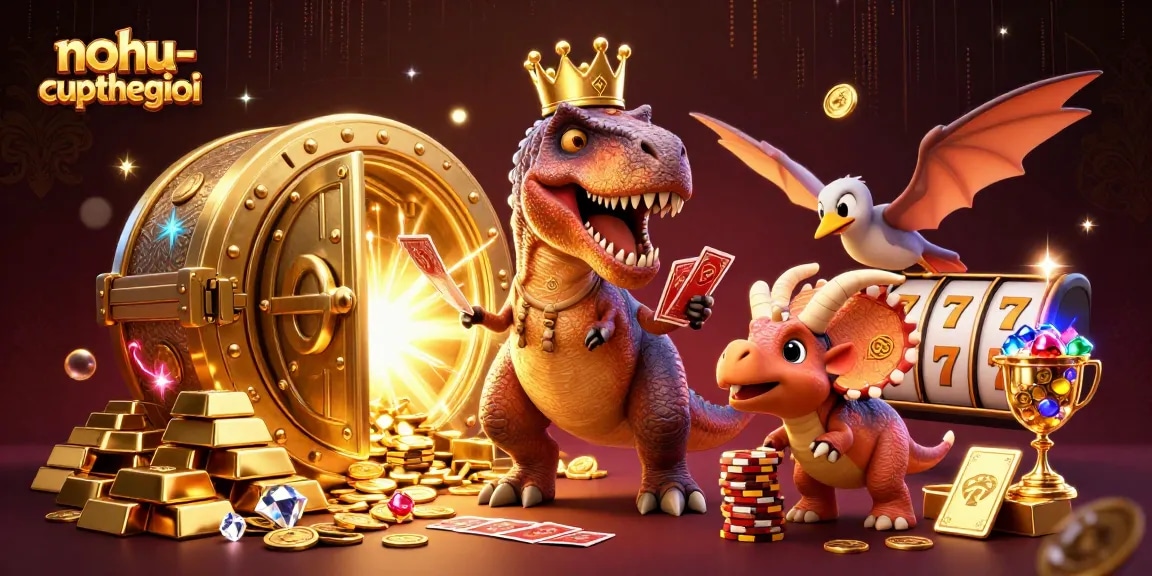 Nohu-cupthegioi showcases a friendly T-Rex shuffling cards with a pterodactyl assistant and dynamic casino elements