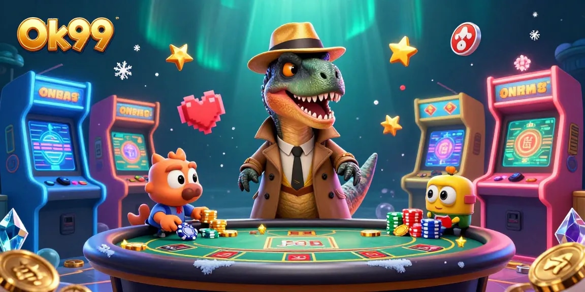 Bet on the thrill with Ok99: A velociraptor card counter sneaks chips at a blackjack table.