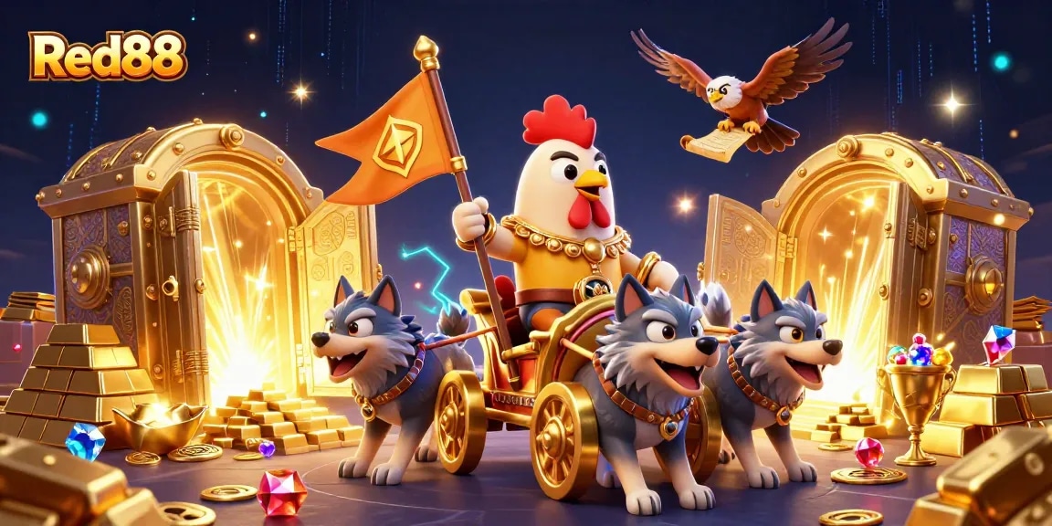 Experience epic wins at Red88 with a dynamic 3D illustration featuring treasure and characters.