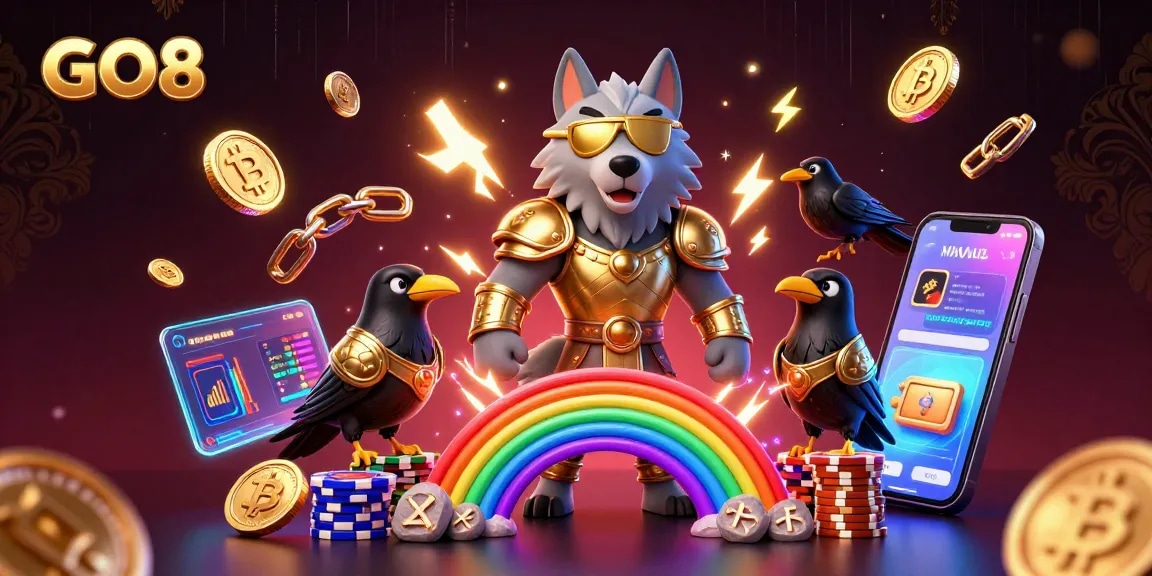 GO8 gaming experience with 3D Norse characters amid vibrant casino elements and cryptocurrencies
