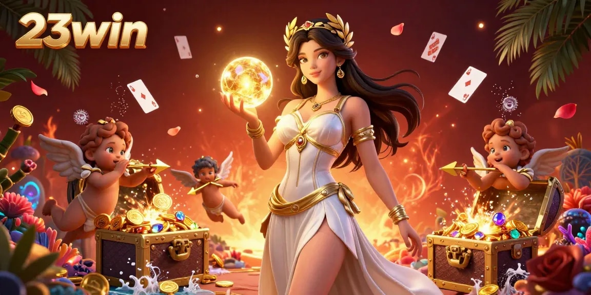 Experience the excitement at 23win with a vibrant casino scene filled with fortune symbols and glowing treasures.