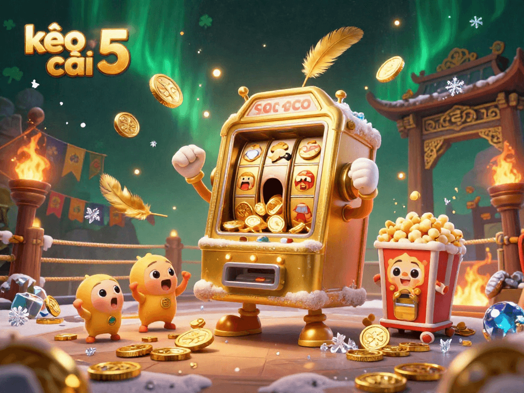 Experience the thrill of kèo nhà cái 5 with a golden slot machine celebrating a jackpot surrounded by cheering friends.